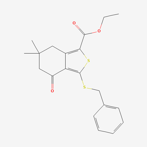 ETHYL 3-(BENZYLTHIO)-6,6-DIMETHYL-4-OXO-4,5,6,7-TETRAHYDROBENZO[C]THIOPHENE-1-CARBOXYLATE (CAS: 172516-45-9) - Chemical Structure and Molecular Formula 