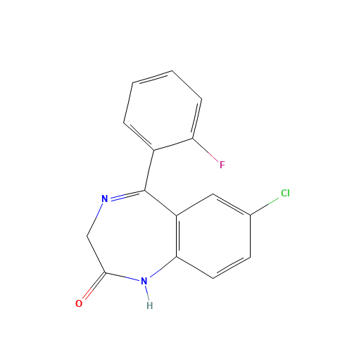7-Chloro-5-(2-fluoro-phenyl)-1,3-dihydro-2H-1,4-benzodiazepin-2-one (CAS: 2886-65-9) - Chemical Structure and Molecular Formula 