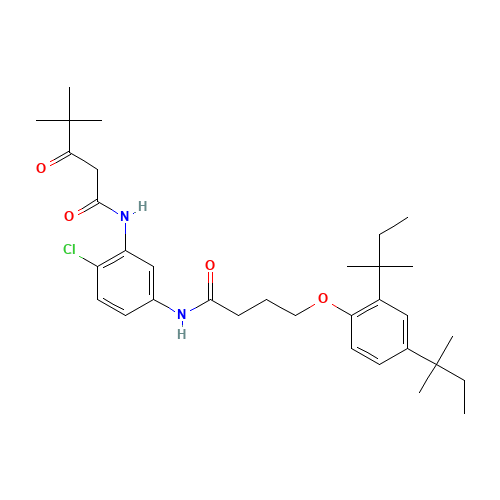 2'-Chloro-5'-[4-(2,4-di-tert-pentylphenoxy)butyrylamino]-4,4-dimethyl-3-oxopentananilide (CAS: 26110-32-7) - Chemical Structure and Molecular Formula 