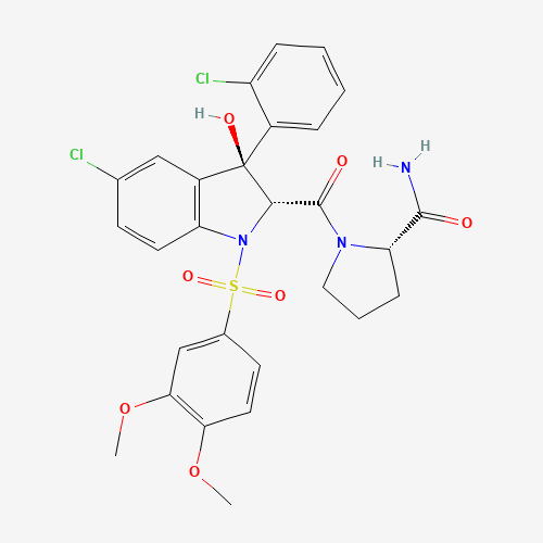 (2S)-1-[[(2R,3S)-5-CHLORO-3-(2-CHLOROPHENYL)-1-[(3,4-DIMETHOXYPHENYL)SULFONYL]-2,3-DIHYDRO-3-HYDROXY-1H-INDOL-2-YL]CARBONYL]-2-PYRROLIDINECARBOXAMIDE (CAS: 150375-75-0) - Chemical Structure and Molecular Formula 
