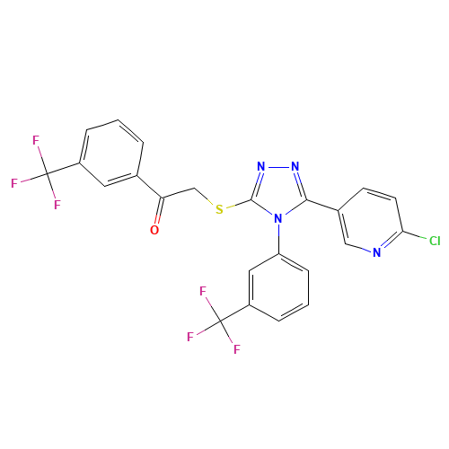 2-((5-(6-CHLORO-3-PYRIDYL)-4-[3-(TRIFLUOROMETHYL)PHENYL]-4H-1,2,4-TRIAZOL-3-YL)THIO)-1-[3-(TRIFLUOROMETHYL)PHENYL]ETHAN-1-ONE (CAS: 680217-03-2) - Chemical Structure and Molecular Formula 