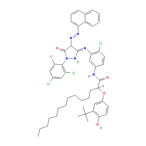 2-(3-tert-Butyl-4-hydroxyphenoxy)-N-(4-chloro-3-((4,5-dihydro-4-(1-naphthylazo)-5-oxo-1-(2,4,6-trichlorophenyl)-1H-pyrazol-3-yl)amino)phenyl)myristamide (CAS: 63089-83-8) - Chemical Structure and Molecular Formula 
