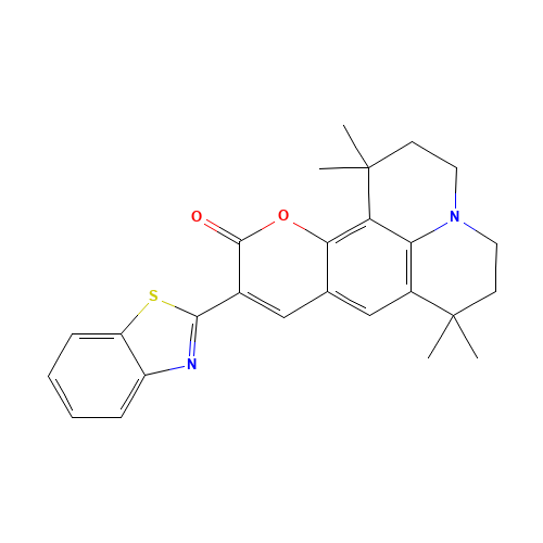 10-(2-Benzothiazolyl)-2,3,6,7-tetrahydro-1,1,7,7-tetramethyl-1H,5H,11H-(1)benzopyropyrano(6,7-8-I,j)quinolizin-11-one (CAS: 155306-71-1) - Chemical Structure and Molecular Formula 