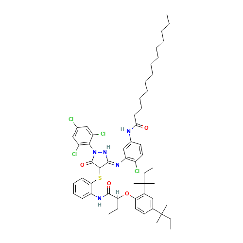 1-(2,4,6-Trichlorophenyl)-3-(5-tetradecanamido-2-chloroanilino)-4-[2-[alpha-(2,4-di-tert-pentylphenoxy)butyramido]phenylthio]-5-pyrazolone (CAS: 150779-67-2) - Related Chemical Product