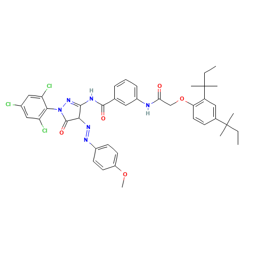 3-[[2-[2,4-Bis(2-methylbutan-2-yl)phenoxy]acetyl]amino]-N-[4,5-dihydro-4-(4-methoxyphenyl)diazenyl-5-oxo-1-(2,4,6-trichlorophenyl)-4H-pyrazol-3-yl]benzamide (CAS: 28279-36-9) - Chemical Structure and Molecular Formula 