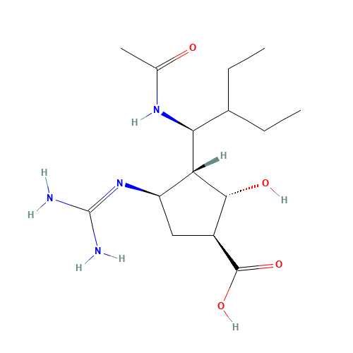 (1S,2R,3R,4R)-3-(1-acetamido-2-ethyl-butyl)-4-(diaminomethylideneamino)-2-hydroxy-cyclopentane-1-carboxylic acid (CAS: 330600-85-6) - Related Chemical Product