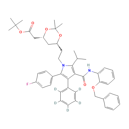 (6-{2-[3-(2-Benzyloxy-phenylcarbamoyl)-5-(4-fluoro-phenyl)-2-isopropyl-4-phenyl-d5-pyrrol-1-yl]-ethyl}-2,2-dimethyl-[1,3]-dioxane-4-yl)-acetic Acid,tert-Butyl Ester (CAS: 265989-41-1) - Chemical Structure and Molecular Formula 