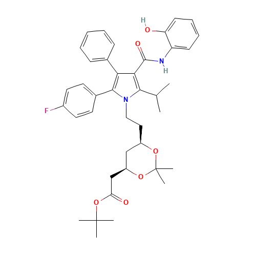 (6-{2-[2-(4-Fluoro-phenyl)-4-(2-hydroxy-phenylcarbamoyl)-5-isopropyl-3-phenyl-pyrrol-1-yl]-ethyl}-2,2-dimethyl-[1,3]-dioxane-4-yl)-acetic Acid, tert-Butyl Ester (CAS: 265989-40-0) - Related Chemical Product