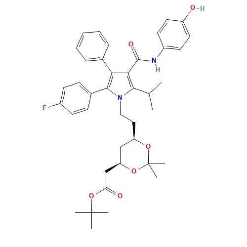 (6-{2-[2-(4-Fluoro-phenyl)-4-(4-hydroxy-phenylcarbamoyl)-5-isopropyl-3-phenyl-pyrrol-1-yl]-ethyl}-2,2-dimethyl-[1,3]-dioxane-4-yl)-acetic Acid, tert-Butyl Ester (CAS: 265989-36-4) - Related Chemical Product