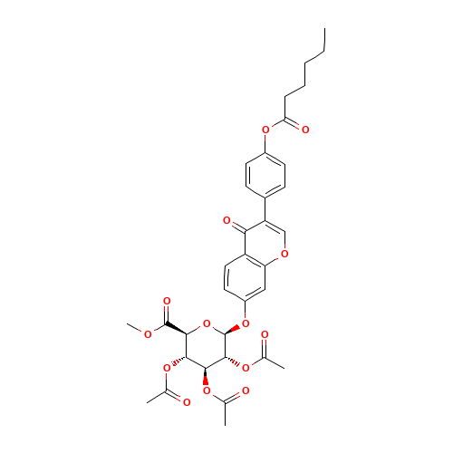 Methyl (4'-O-Hexanoyldaidzein-7-yl-b-D-2'',3'',4''-tri-O-acetylglucopyranosid)urinate (CAS: 918158-55-1) - Chemical Structure and Molecular Formula 
