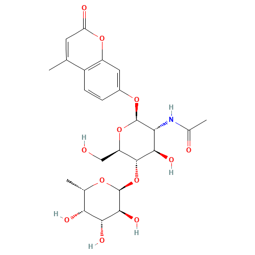 4-Methylumbelliferyl 2-Acetamido-2-deoxy-4-O-(a-L-fucopyranosyl)-b-D-glucopyranoside (CAS: 383160-13-2) - Chemical Structure and Molecular Formula 