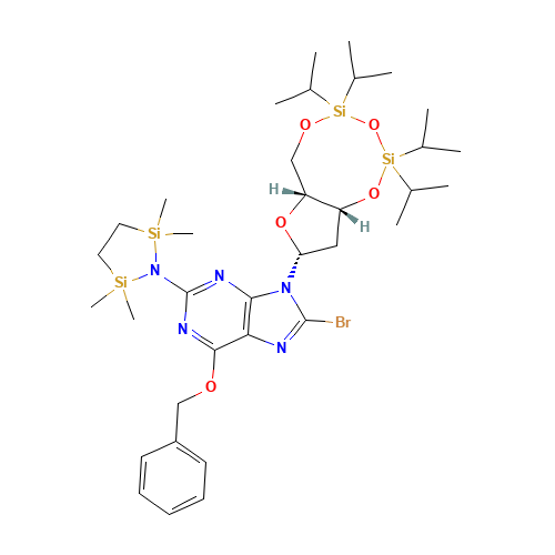 N2-(1,1,4,4-Tetramethyldisilylazacyclopentanyl)-O6-benzyl-8-bromo-N9-[3',5'-O-(1,1,3,3-tetrakis(isopropyl)-1,3-disiloxanediyl)-b-D-2'-deoxyribofuranosyl]guanine (CAS: 328394-28-1) - Related Chemical Product