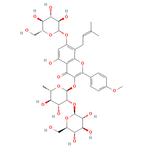 3-{[6-Deoxy-2-O-(b-D-glucopyranosyl)-a-L-mannopyranosyl]oxy}-5-hydroxy-2-(4-methoxyphenyl)-8-(3-methyl-2-buten-1-yl)-4-oxo-4H-chromen-7-yl b-D-glucopyranoside (CAS: 110623-72-8) - Related Chemical Product