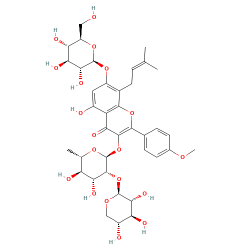3-{[6-Deoxy-2-O-(b-D-xylopyranosyl)-a-L-mannopyranosyl]oxy}-5-hydroxy-2-(4-methoxyphenyl)-8-(3-methyl-2-buten-1-yl)-4-oxo-4H-chromen-7-yl b-D-glucopyranoside (CAS: 110623-73-9) - Related Chemical Product