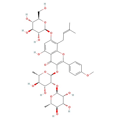 3-{[6-Deoxy-2-O-(6-deoxy-a-L-mannopyranosyl)-a-L-mannopyranosyl]oxy}-5-hydroxy-2-(4-methoxyphenyl)-8-(3-methyl-2-buten-1-yl)-4-oxo-4H-chromen-7-yl b-D-glucopyranoside (CAS: 110642-44-9) - Related Chemical Product