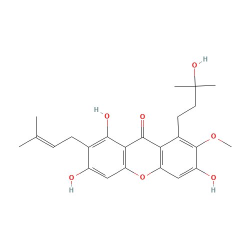 1,3,6-trihydroxy-8-(3-hydroxy-3-methylbutyl)-7-methoxy-2-(3-methylbut-2-enyl)-9H-xanthen-9-one (CAS: 107390-08-9) - Chemical Structure and Molecular Formula 