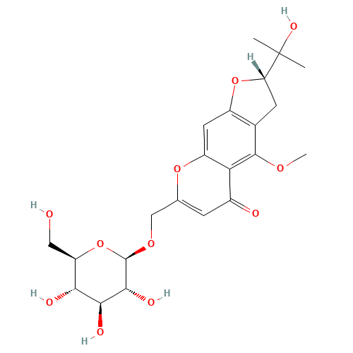 [(2S)-2-(2-Hydroxy-2-propanyl)-4-methoxy-5-oxo-2,3-dihydro-5H-furo[3,2-g]chromen-7-yl]methyl b-D-glucopyranoside (CAS: 80681-45-4) - Chemical Structure and Molecular Formula 