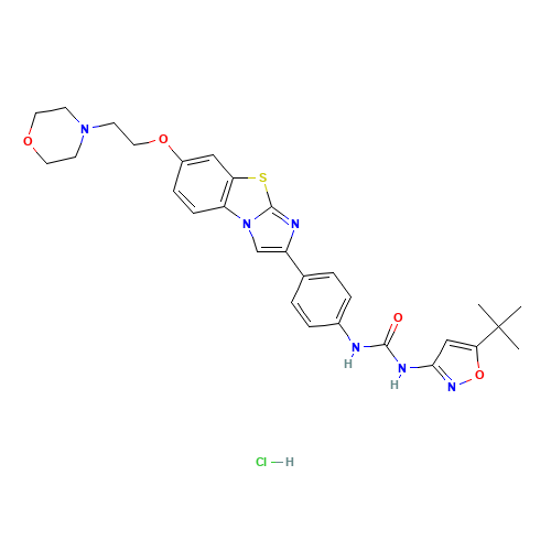 1-[5-(2-Methyl-2-propanyl)-1,2-oxazol-3-yl]-3-(4-{7-[2-(4-morpholinyl)ethoxy]imidazo[2,1-b][1,3]benzothiazol-2-yl}phenyl)urea hydrochloride (1:1) (CAS: 950769-62-7) - Chemical Structure and Molecular Formula 