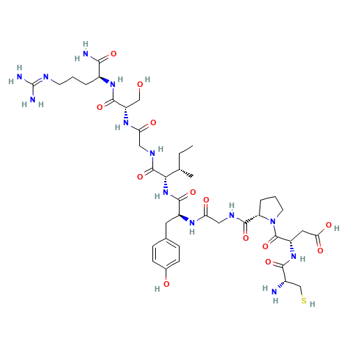 L-Cysteinyl-L-a-aspartyl-L-prolylglycyl-L-tyrosyl-L-isoleucylglycyl-L-seryl-N<sup>5</sup>-(diaminomethylene)-L-ornithinamide (CAS: 110590-61-9) - Chemical Structure and Molecular Formula 