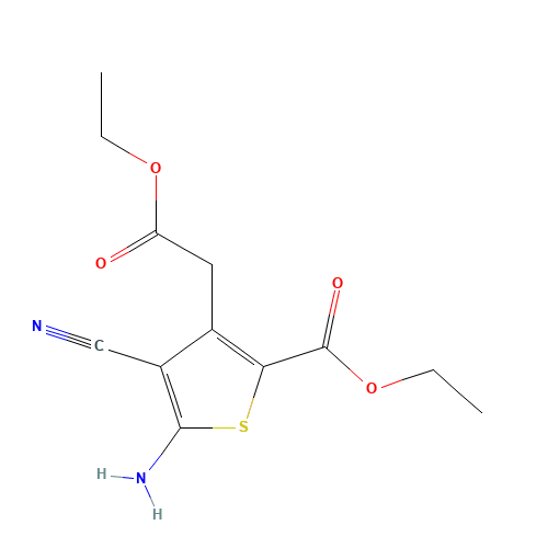 ethyl 5-amino-4-cyano-3-(2-ethoxy-2-oxoethyl)thiophene-2-carboxylate (CAS: 58168-20-0) - Chemical Structure and Molecular Formula 