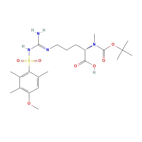 N<sup>5</sup>-{N-[(4-Methoxy-2,3,6-trimethylphenyl)sulfonyl]carbamimidoyl}-N<sup>2</sup>-methyl-N<sup>2</sup>-{[(2-methyl-2-propanyl)oxy]carbonyl}-L-ornithine (CAS: 125602-26-8) - Chemical Structure and Molecular Formula 