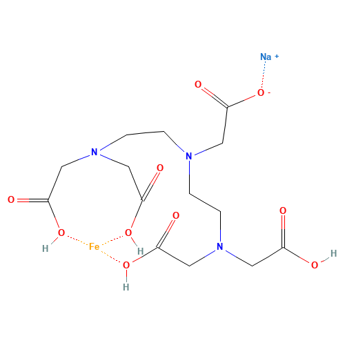 Iron(3+) sodium [{2-[{2-[bis(carboxylatomethyl)amino]ethyl}(carboxylatomethyl)amino]ethyl}(carboxymethyl)amino]acetate (1:1:1) (CAS: 12389-75-2) - Chemical Structure and Molecular Formula 