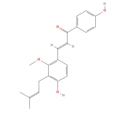 2-Propen-1-one,3-[4-hydroxy-2-methoxy-3-(3-methyl-2-buten-1-yl)phenyl]-1-(4-hydroxyphenyl)-,(2E)- (CAS: 144506-14-9) - Related Chemical Product