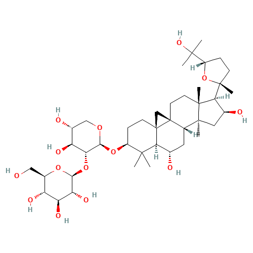 (3b,6a,9b,16b,20R,24S)-6,16,25-Trihydroxy-20,24-epoxy-9,19-cyclolanostan-3-yl 2-O-b-D-glucopyranosyl-b-D-xylopyranoside (CAS: 84687-42-3) - Chemical Structure and Molecular Formula 