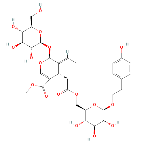 2-(4-Hydroxyphenyl)ethyl 6-O-{[(2S,3E)-3-ethylidene-2-(b-D-glucopyranosyloxy)-5-(methoxycarbonyl)-3,4-dihydro-2H-pyran-4-yl]acetyl}-b-D-glucopyranoside (CAS: 39011-92-2) - Chemical Structure and Molecular Formula 