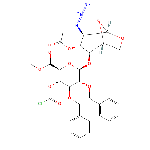 (2S,3S,4S,5R,6R)-Methyl 6-((1R,2S,3R,4R,5R)-3-acetoxy-4-azido-6,8-dioxabicyclo[3,2,1]octan-2-yloxy)-4,5-bis(benzyloxy)-3-(chlorocarbonyloxy)tetrahydro-2H-pyran-2-carboxylate (CAS: 87907-02-6) - Related Chemical Product