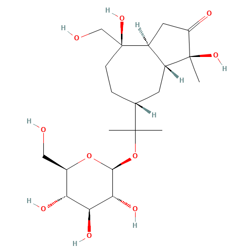 2-[(3S,3aR,5R,8R,8aS)-3,8-Dihydroxy-8-(hydroxymethyl)-3-methyl-2-oxodecahydro-5-azulenyl]-2-propanyl β-D-glucopyranoside (CAS: 126054-77-1) - Chemical Structure and Molecular Formula 
