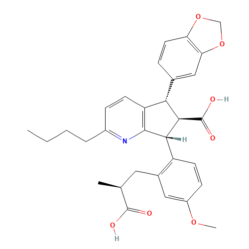 (5S,6R,7R)-5-(1,3-benzodioxol-5-yl)-2-butyl-7-[2-(2-carboxypropyl)-4-methoxyphenyl]-6,7-dihydro-5H-cyclopenta[b]pyridine-6-carboxylic acid (CAS: 198279-45-7) - Chemical Structure and Molecular Formula 
