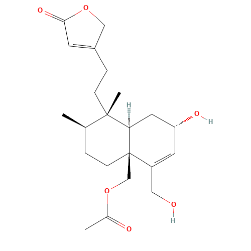 4-[2-[(1S,2R,4aS,7S,8aR)-4a-[(Acetyloxy)methyl]-1,2,3,4,4a,7,8,8a-octahydro-7-hydroxy-5-(hydroxymethyl)-1,2-dimethyl-1-naphthalenyl]ethyl]-2(5H)-furanone (CAS: 125675-09-4) - Chemical Structure and Molecular Formula 