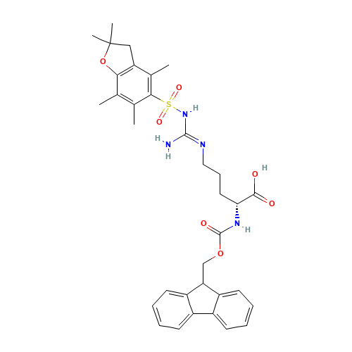 (2R)-2-({[(9H-fluoren-9-yl)methoxy]carbonyl}amino)-5-{N'-[(2,2,4,6,7-pentamethyl-2,3-dihydro-1-benzofuran-5-yl)sulfonyl]carbamimidamido}pentanoic acid (CAS: 187618-60-6) - Related Chemical Product