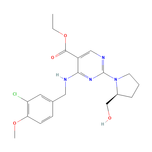 ethyl 4-{[(3-chloro-4-methoxyphenyl)methyl]amino}-2-[(2S)-2-(hydroxymethyl) pyrrolidin-1-yl]pyrimidine-5-carboxylate (CAS: 330785-83-6) - Chemical Structure and Molecular Formula 