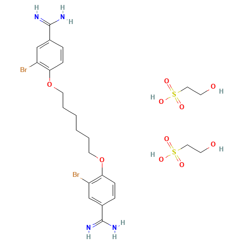 3-bromo-4-[6-(2-bromo-4-carbamimidoylphenoxy)hexoxy]benzenecarboximidamide;2-hydroxyethanesulfonic acid (CAS: 93856-83-8) - Chemical Structure and Molecular Formula 