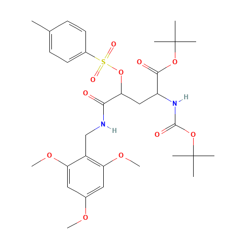 (2S,4S)-tert-butyl 2-((tert-butoxycarbonyl)amino)-5-oxo-4-(tosyloxy)-5-((2,4,6-trimethoxybenzyl)amino)pentanoate (CAS: 1262523-66-9) - Chemical Structure and Molecular Formula 