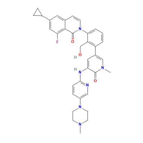 6-cyclopropyl-8-fluoro-2-[2-(hydroxymethyl)-3-[1-methyl-5-[[5-(4-methylpiperazin-1-yl)pyridin-2-yl]amino]-6-oxopyridin-3-yl]phenyl]isoquinolin-1-one (CAS: 1242156-23-5) - Chemical Structure and Molecular Formula 