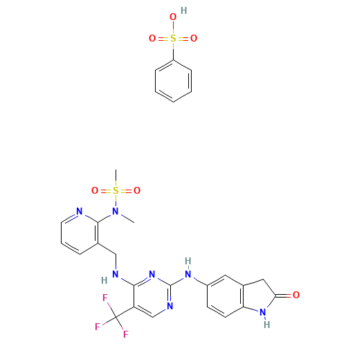 benzenesulfonic acid;N-methyl-N-[3-[[[2-[(2-oxo-1,3-dihydroindol-5-yl)amino]-5-(trifluoromethyl)pyrimidin-4-yl]amino]methyl]pyridin-2-yl]methanesulfonamide (CAS: 939791-38-5) - Related Chemical Product