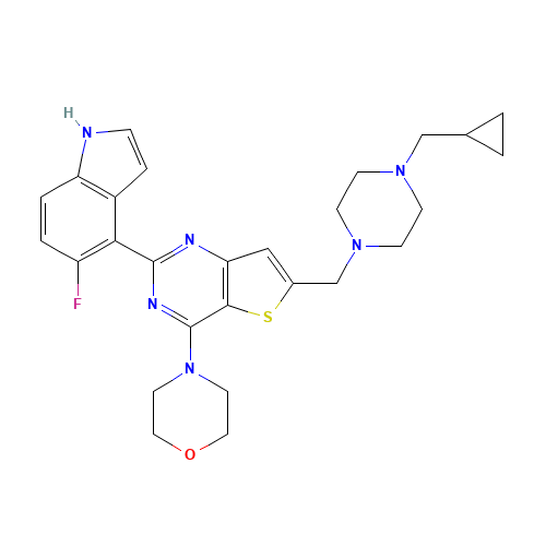 4-[6-[[4-(cyclopropylmethyl)piperazin-1-yl]methyl]-2-(5-fluoro-1H-indol-4-yl)thieno[3,2-d]pyrimidin-4-yl]morpholine (CAS: 955977-50-1) - Related Chemical Product