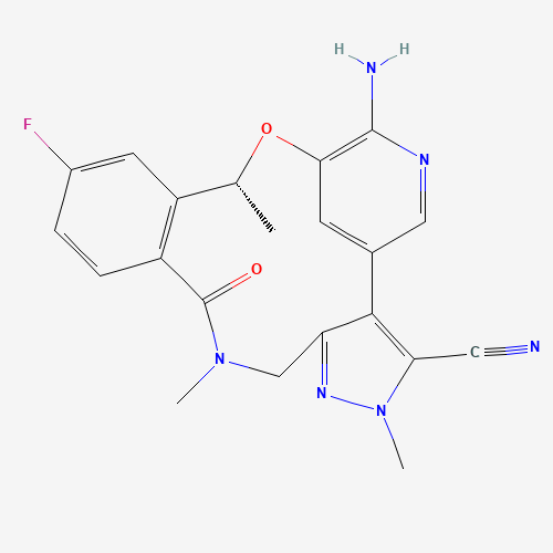 7-amino-12-fluoro-2,10,16-trimethyl-15-oxo-10,15,16,17-tetrahydro-2H-8,4-(metheno)pyrazolo(4,3-h)(2,5,11)benzoxadiazacyclotetradecine-3-carbonitrile (CAS: 1454846-35-5) - Related Chemical Product