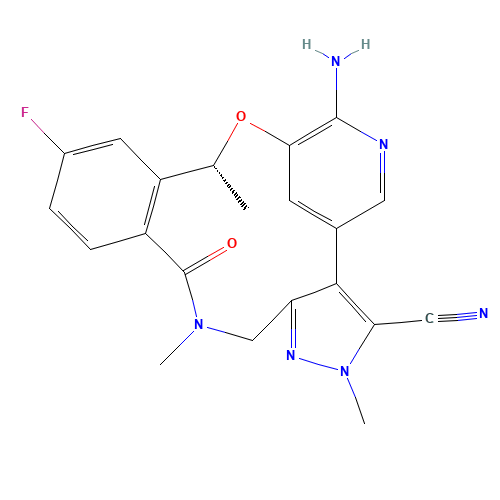 7-amino-12-fluoro-2,10,16-trimethyl-15-oxo-10,15,16,17-tetrahydro-2H-8,4-(metheno)pyrazolo(4,3-h)(2,5,11)benzoxadiazacyclotetradecine-3-carbonitrile (CAS: 1454846-35-5) - Related Chemical Product