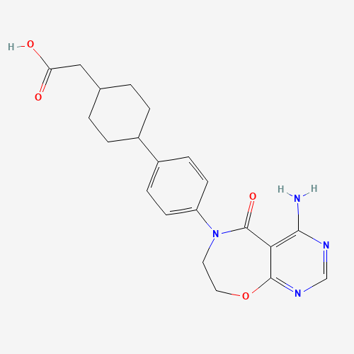 2-[4-[4-(4-amino-5-oxo-7,8-dihydropyrimido[5,4-f][1,4]oxazepin-6-yl)phenyl]cyclohexyl]acetic acid (CAS: 1109276-89-2) - Chemical Structure and Molecular Formula 