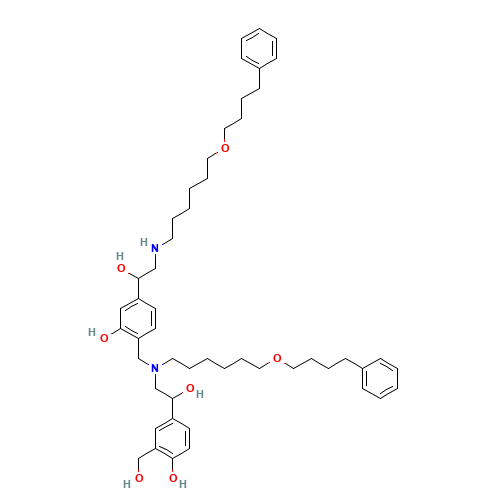 2-[[[2-hydroxy-2-[4-hydroxy-3-(hydroxymethyl)phenyl]ethyl]-[6-(4-phenylbutoxy)hexyl]amino]methyl]-5-[1-hydroxy-2-[6-(4-phenylbutoxy)hexylamino]ethyl]phenol (CAS: 1391051-88-9) - Chemical Structure and Molecular Formula 