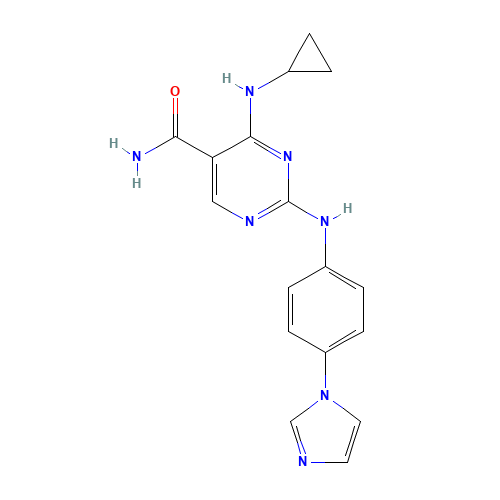 4-(cyclopropylamino)-2-(4-imidazol-1-ylanilino)pyrimidine-5-carboxamide (CAS: 1198301-29-9) - Chemical Structure and Molecular Formula 