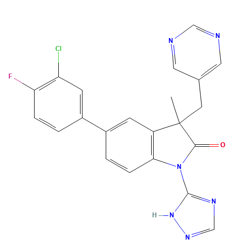 5-(3-chloro-4-fluorophenyl)-3-methyl-3-(pyrimidin-5-ylmethyl)-1-(1H-1,2,4-triazol-5-yl)indol-2-one (CAS: 1141080-15-0) - Related Chemical Product