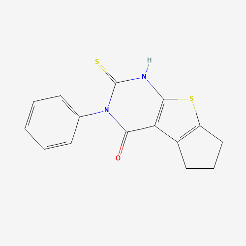 2-phenyl-3-sulfanylidene-4,6,7,8-tetrahydrocyclopenta[2,3]thieno[2,4-b]pyrimidin-1-one (CAS: 300557-77-1) - Chemical Structure and Molecular Formula 