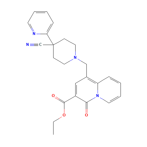 ethyl 1-[(4-cyano-4-pyridin-2-ylpiperidin-1-yl)methyl]-4-oxoquinolizine-3-carboxylate (CAS: 1144505-14-5) - Chemical Structure and Molecular Formula 