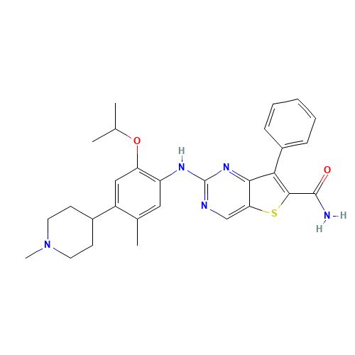 2-[5-methyl-4-(1-methylpiperidin-4-yl)-2-propan-2-yloxyanilino]-7-phenylthieno[3,2-d]pyrimidine-6-carboxamide (CAS: 1462947-69-8) - Related Chemical Product