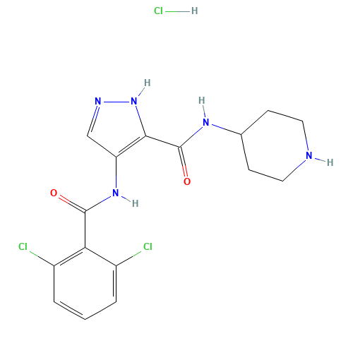 4-[(2,6-dichlorobenzoyl)amino]-N-piperidin-4-yl-1H-pyrazole-5-carboxamide;hydrochloride (CAS: 902135-91-5) - Chemical Structure and Molecular Formula 
